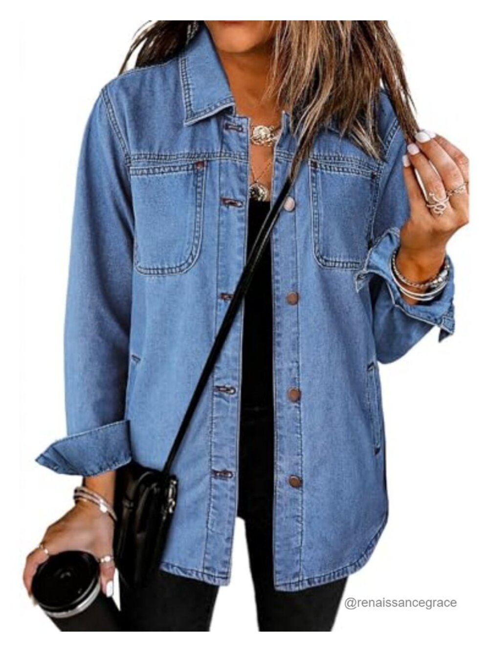 Denim Jacket Long Sleeve Button Down Shacket with Pockets